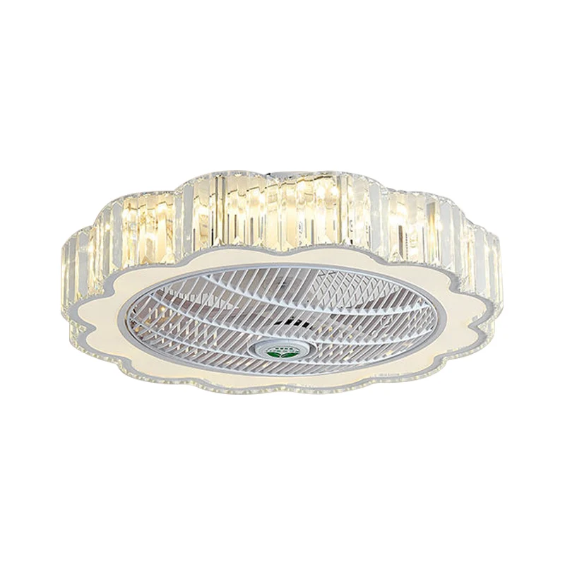 Kristallen rechthoekige cirkel semi-inbouw minimalistische 23-inch brede witte LED-plafondventilatorlamp met 3 bladen Clea...