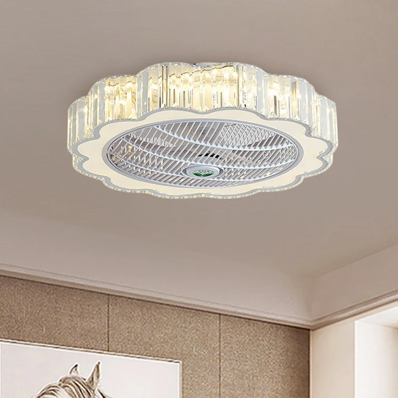 Kristallen rechthoekige cirkel semi-inbouw minimalistische 23-inch brede witte LED-plafondventilatorlamp met 3 bladen Clea...