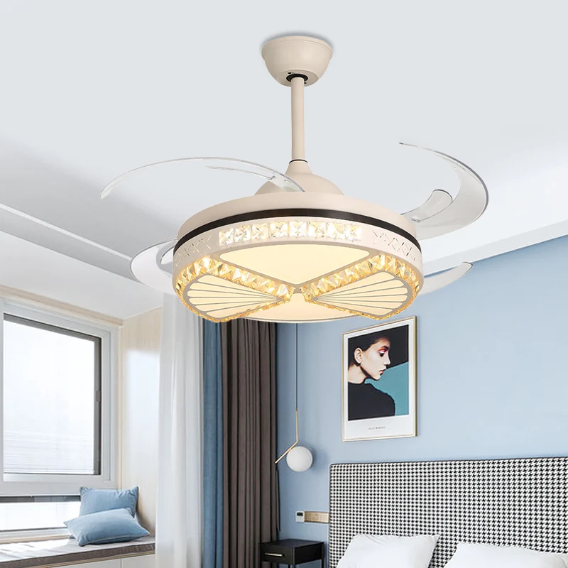 Kristallen sector plafondventilator verlichting moderne stijl woonkamer 48" W LED semi-inbouwlamp wit, 4 heldere bladen Cl...