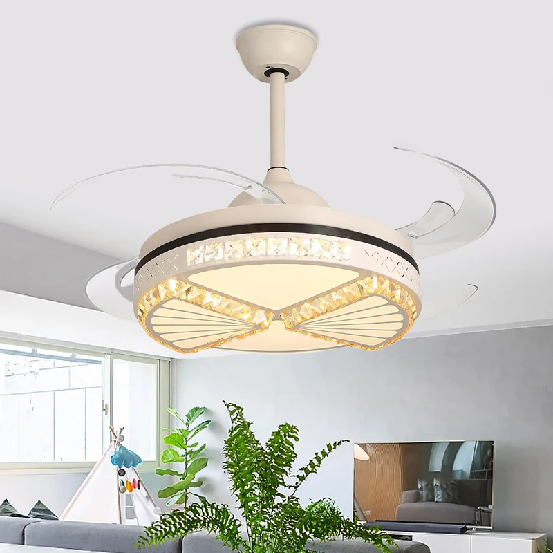 Kristallen sector plafondventilator verlichting moderne stijl woonkamer 48" W LED semi-inbouwlamp wit, 4 heldere bladen Cl...