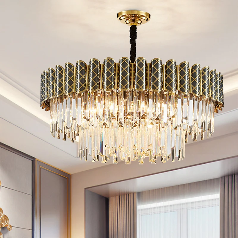 Kristallen staaf 2 lagen ronde hanglamp moderne 9 lampen woonkamerkroonluchter zwart-goud Clearhalo