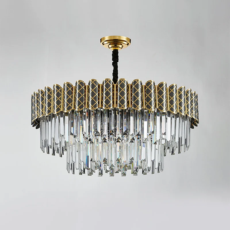 Kristallen staaf 2 lagen ronde hanglamp moderne 9 lampen woonkamerkroonluchter zwart-goud Clearhalo