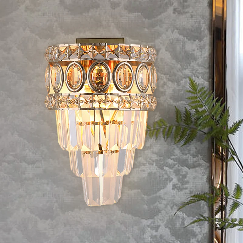 Kristallen taps toelopende wandverlichting postmodern 2 lampen woonkamer inbouw met gouden cirkel/rasterframe Clearhalo