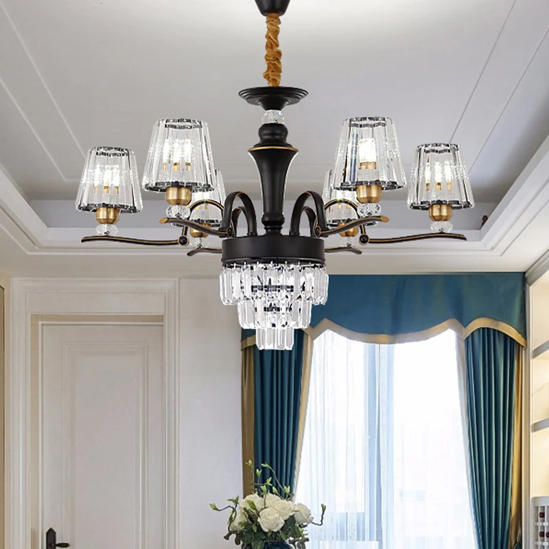 Kristalzwarte plafondlamp conische 6/8-kops modernistische kroonluchter hanglamp voor woonkamer Clearhalo