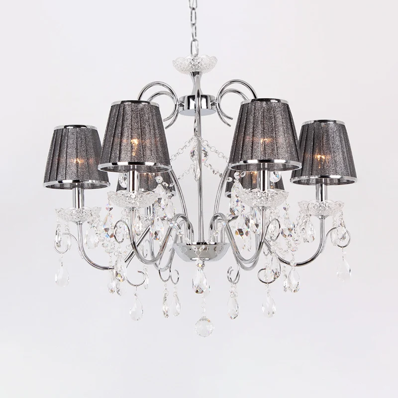 Kroonluchter kaarsstijl Scandinavische 6-lamps heldere K9-kristallen plafondhanglamp met geplooide stoffen kap grijs Clear...