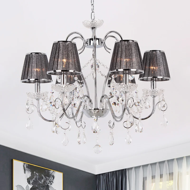 Kroonluchter kaarsstijl Scandinavische 6-lamps heldere K9-kristallen plafondhanglamp met geplooide stoffen kap grijs Clear...