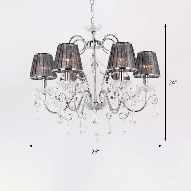 Kroonluchter kaarsstijl Scandinavische 6-lamps heldere K9-kristallen plafondhanglamp met geplooide stoffen kap grijs Clear...