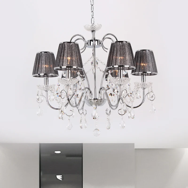 Kroonluchter kaarsstijl Scandinavische 6-lamps heldere K9-kristallen plafondhanglamp met geplooide stoffen kap grijs Clear...