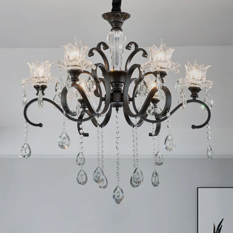 Kroonluchter met 3/6 koppen, traditionele zwarte metalen hanglamp met heldere kristallen tulpenkap Clearhalo