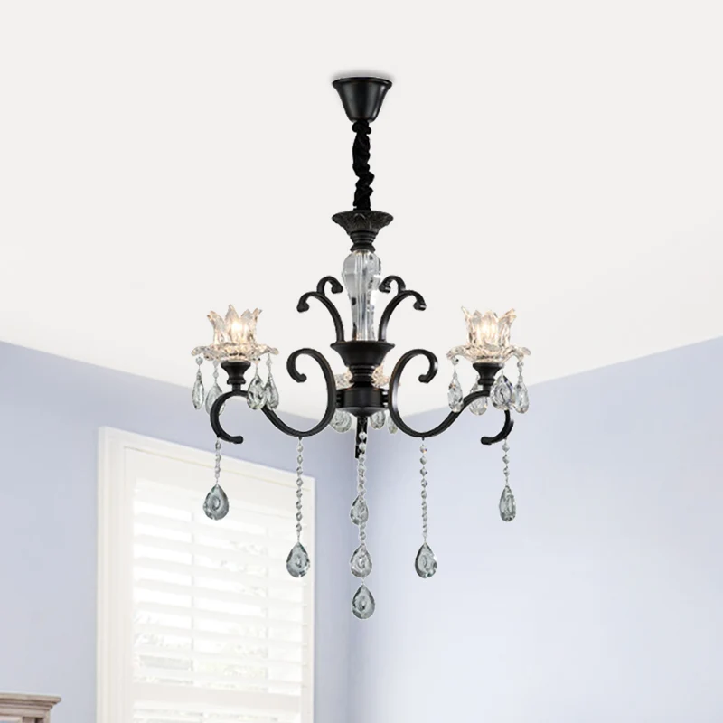 Kroonluchter met 3/6 koppen, traditionele zwarte metalen hanglamp met heldere kristallen tulpenkap Clearhalo