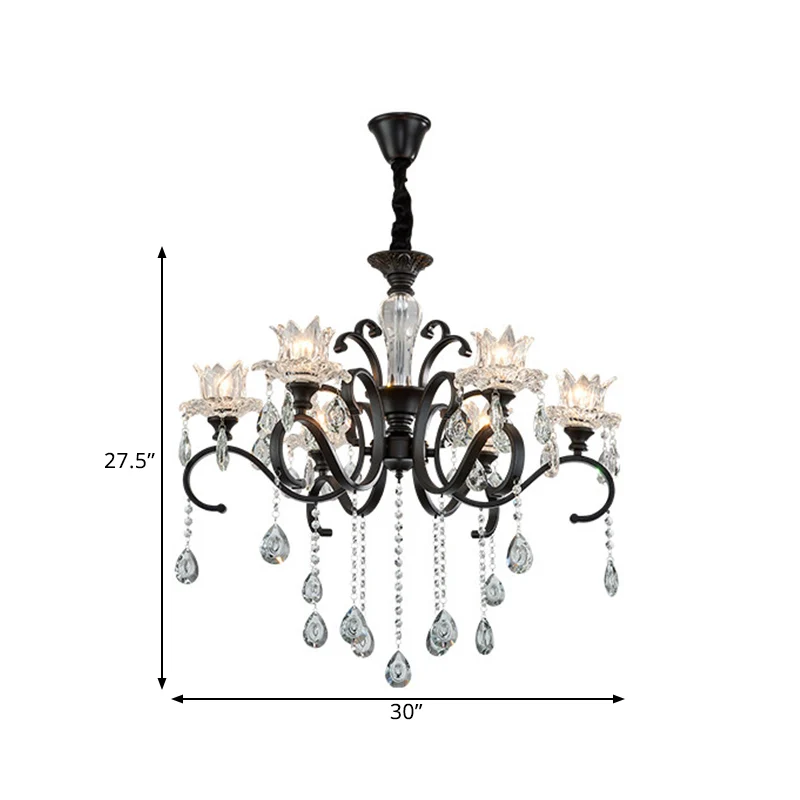 Kroonluchter met 3/6 koppen, traditionele zwarte metalen hanglamp met heldere kristallen tulpenkap Clearhalo