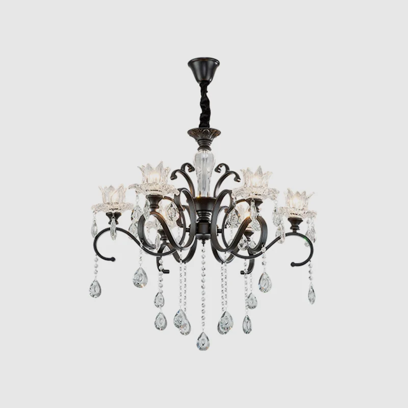 Kroonluchter met 3/6 koppen, traditionele zwarte metalen hanglamp met heldere kristallen tulpenkap Clearhalo