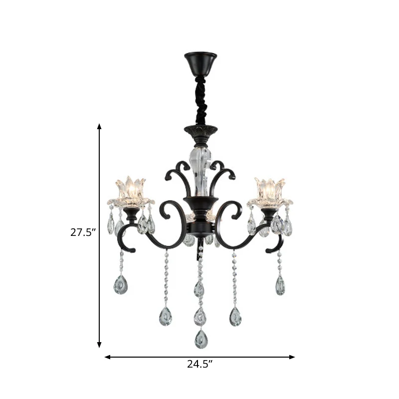 Kroonluchter met 3/6 koppen, traditionele zwarte metalen hanglamp met heldere kristallen tulpenkap Clearhalo