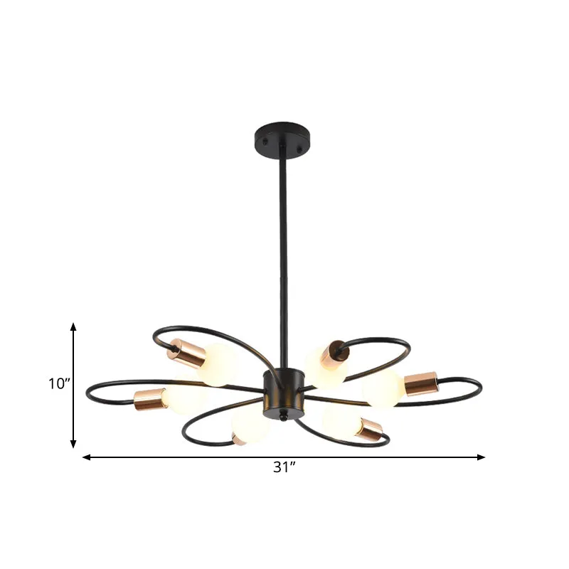 Kroonluchter met 6 lampen, gedraaide arm, traditionele zwarte ijzeren hanglamp met matglazen kap Clearhalo