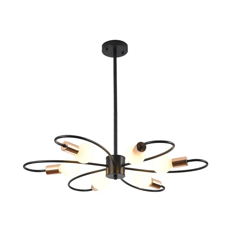 Kroonluchter met 6 lampen, gedraaide arm, traditionele zwarte ijzeren hanglamp met matglazen kap Clearhalo