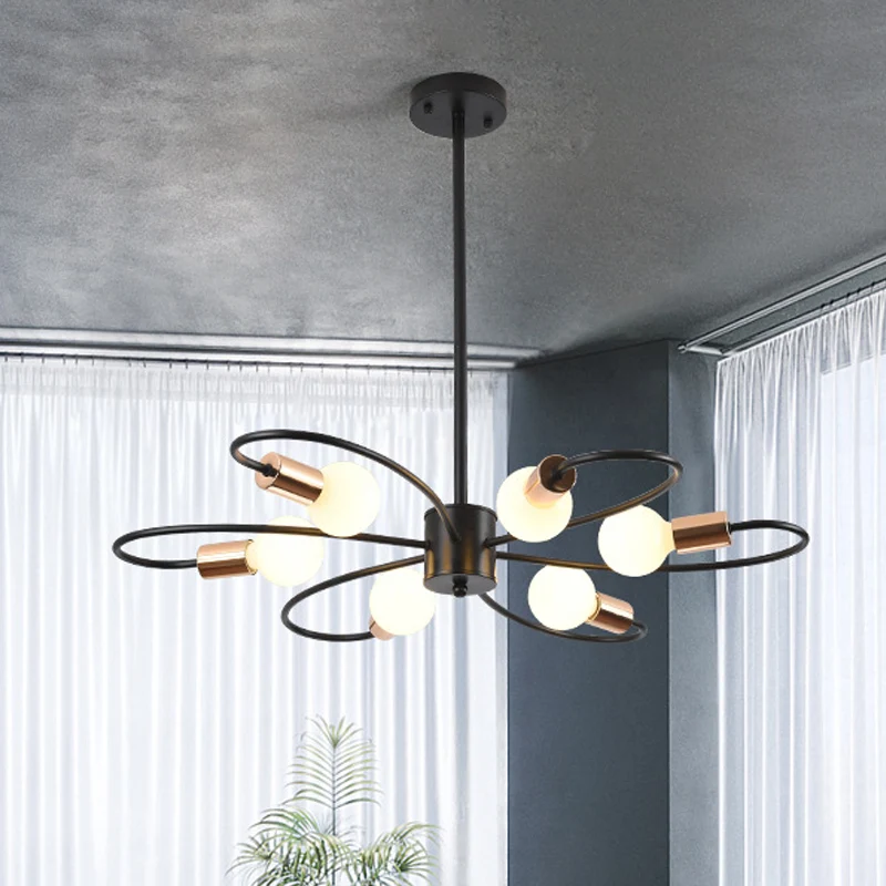 Kroonluchter met 6 lampen, gedraaide arm, traditionele zwarte ijzeren hanglamp met matglazen kap Clearhalo
