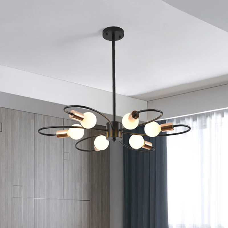 Kroonluchter met 6 lampen, gedraaide arm, traditionele zwarte ijzeren hanglamp met matglazen kap Clearhalo
