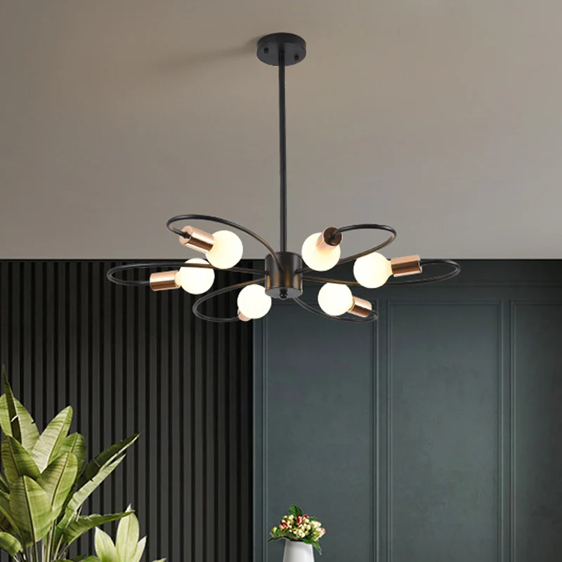 Kroonluchter met 6 lampen, gedraaide arm, traditionele zwarte ijzeren hanglamp met matglazen kap Clearhalo
