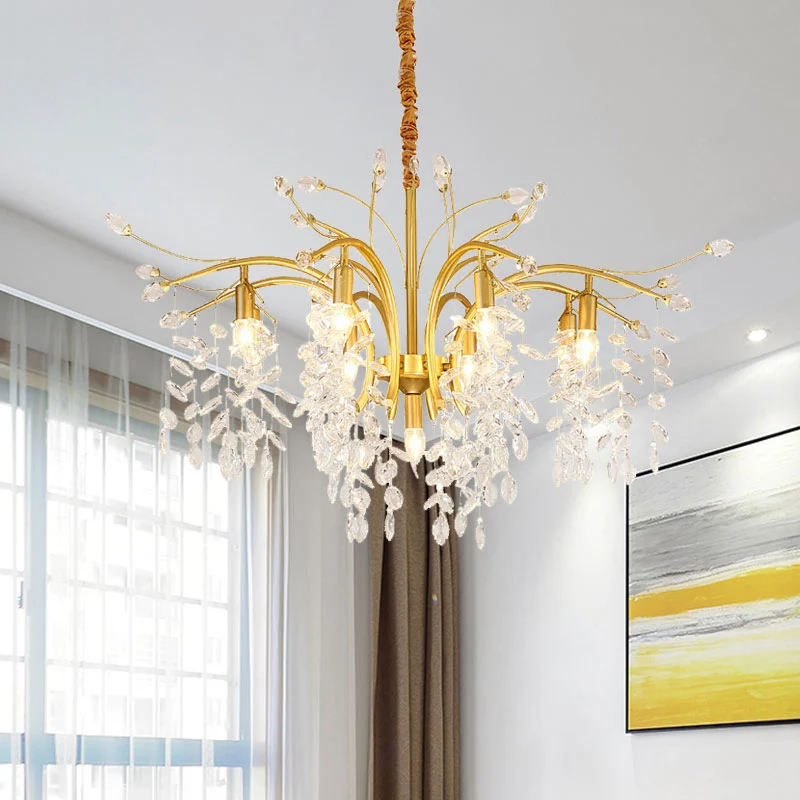 Kroonluchter met 9 lampen, Scandinavische Starburst-kristaldruppelophanging, hanglamp goud Clearhalo