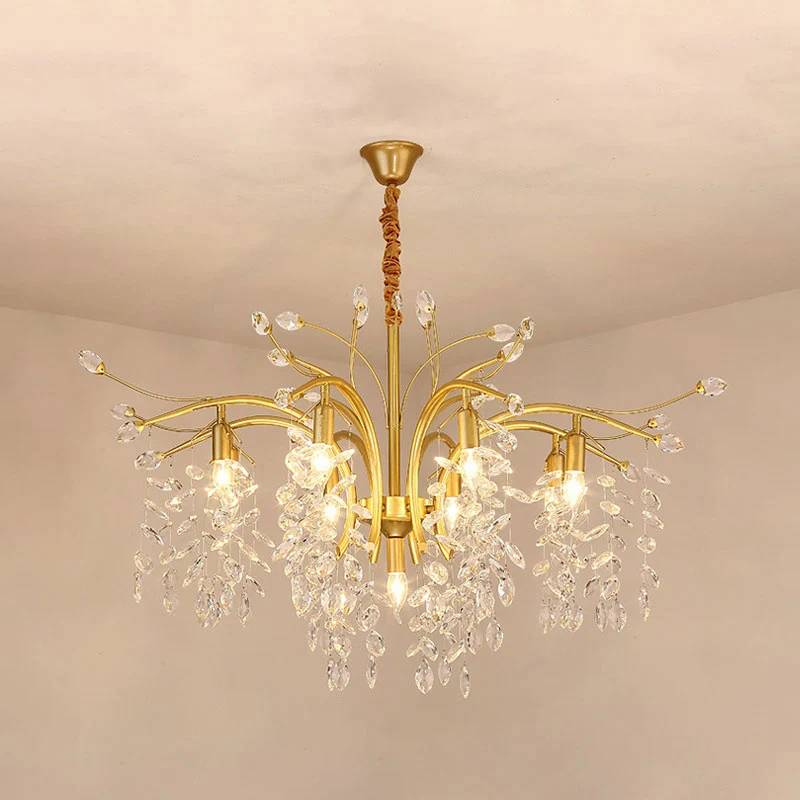 Kroonluchter met 9 lampen, Scandinavische Starburst-kristaldruppelophanging, hanglamp goud Clearhalo