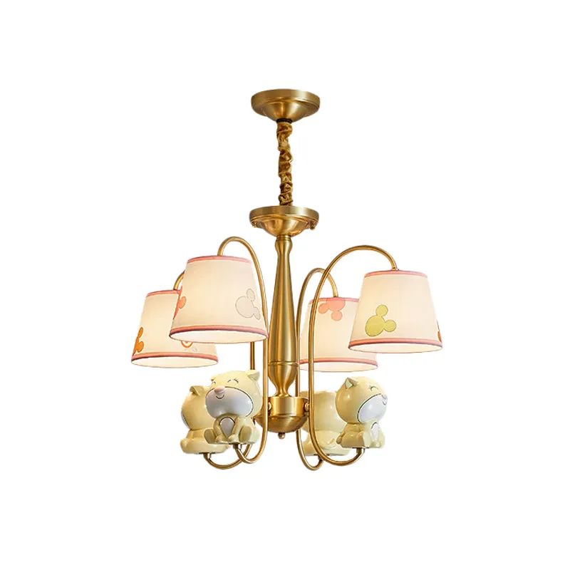 Kroonluchter met messing afwerking, gebogen arm, licht cartoon, 4 lampen, metalen hanger met stoffen kap en hondendecor Cl...