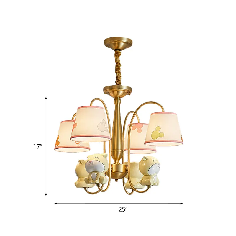 Kroonluchter met messing afwerking, gebogen arm, licht cartoon, 4 lampen, metalen hanger met stoffen kap en hondendecor Cl...