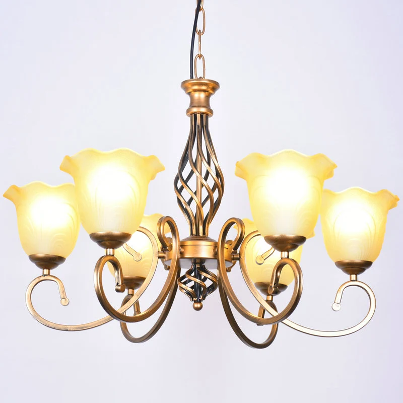 Kroonluchter met ruches, glazen bloemenkap, klassieke woonkamerhanglamp met scrollarm Clearhalo