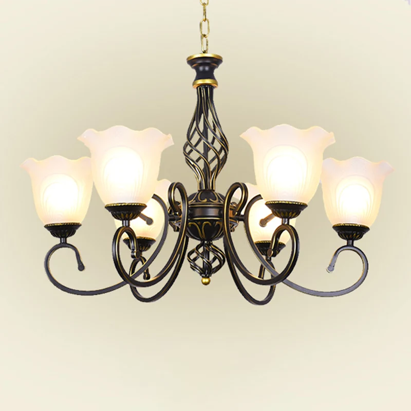 Kroonluchter met ruches, glazen bloemenkap, klassieke woonkamerhanglamp met scrollarm Clearhalo