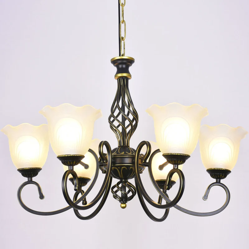 Kroonluchter met ruches, glazen bloemenkap, klassieke woonkamerhanglamp met scrollarm Clearhalo
