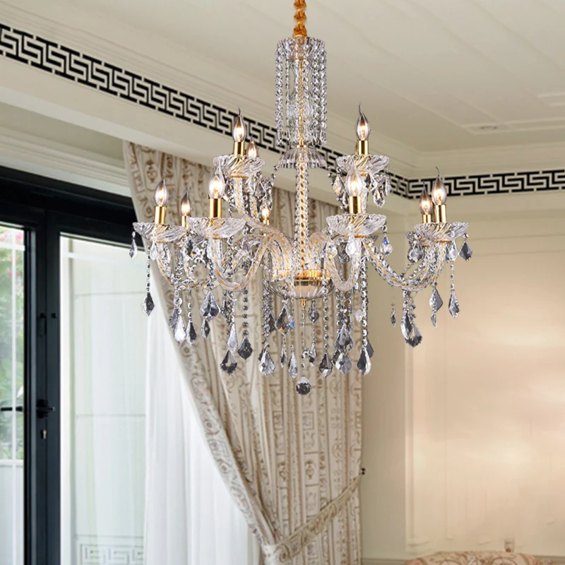Kroonluchterlamp met gebogen arm, modern afgeschuind kristal, 10 lampen, hanglamp voor woonkamer messing Clearhalo