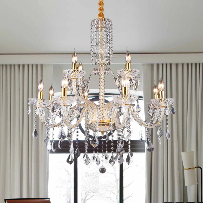 Kroonluchterlamp met gebogen arm, modern afgeschuind kristal, 10 lampen, hanglamp voor woonkamer messing Clearhalo