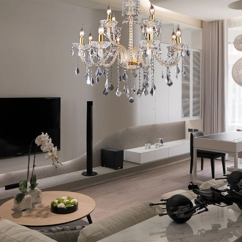 Kroonluchterlamp met gebogen arm, modern afgeschuind kristal, 10 lampen, hanglamp voor woonkamer messing Clearhalo