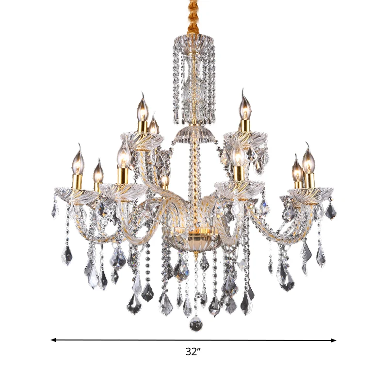 Kroonluchterlamp met gebogen arm, modern afgeschuind kristal, 10 lampen, hanglamp voor woonkamer messing Clearhalo