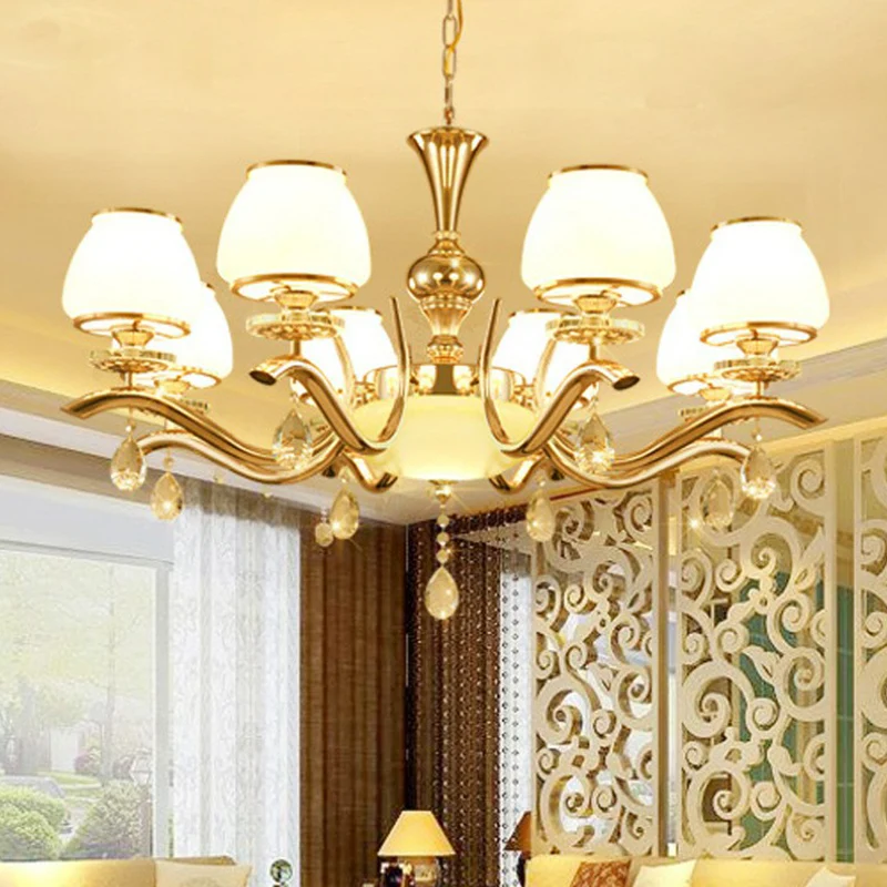 Kroonluchterlamp met gouden afwerking, minimalistisch taps toelopend wit glas, hanglamp voor zitkamer Clearhalo