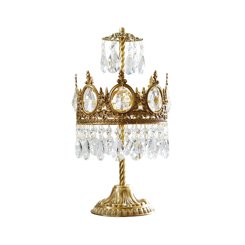 Kroonvorm slaapkamertafelverlichting Vintage afgeschuinde kristallen 2-koppige messing nachtkastjelamp Clearhalo