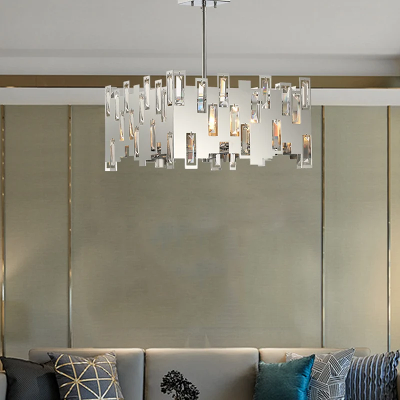 Kubieke kristallen hanglamp, moderne 6-lichts chromen plafondkroonluchter met verstelbare stang Clearhalo