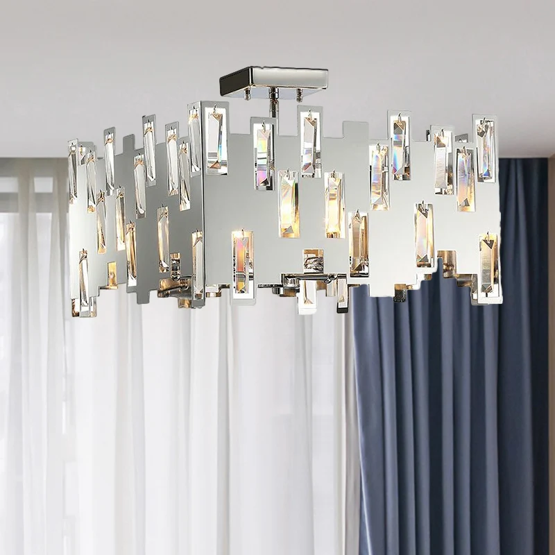 Kubieke kristallen hanglamp, moderne 6-lichts chromen plafondkroonluchter met verstelbare stang Clearhalo