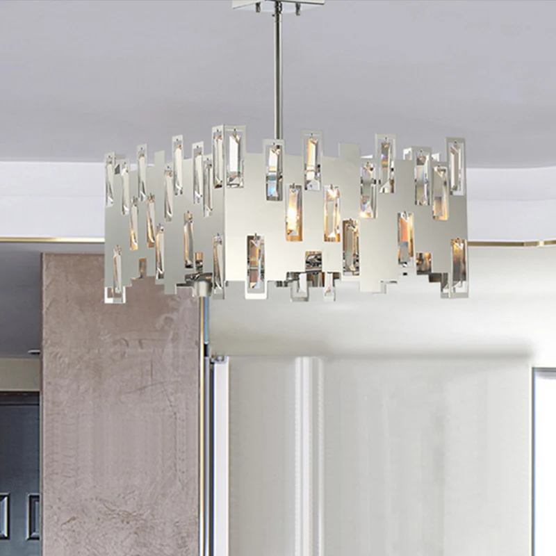 Kubieke kristallen hanglamp, moderne 6-lichts chromen plafondkroonluchter met verstelbare stang Clearhalo