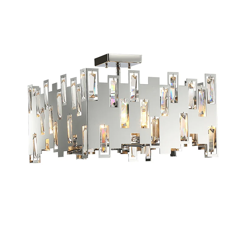 Kubieke kristallen hanglamp, moderne 6-lichts chromen plafondkroonluchter met verstelbare stang Clearhalo