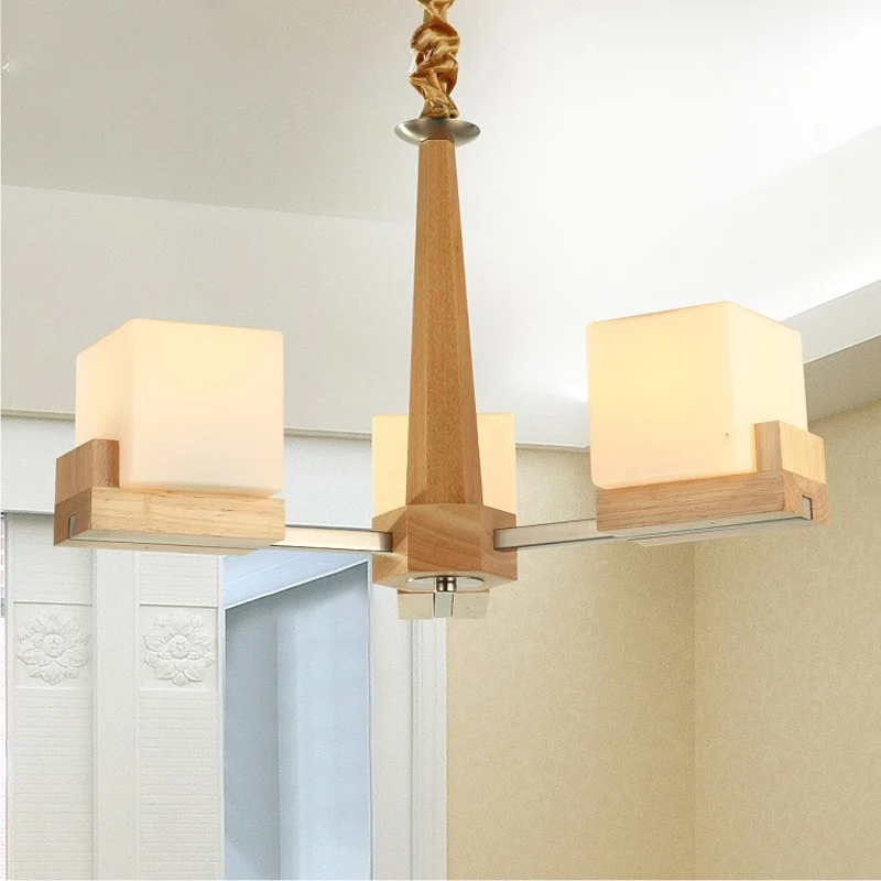 Kubieke Kroonluchter Verlichting Nordic Acryl 3/5/8-Head Houten Ketting-Hang/Inbouw Hanglamp voor Eetkamer Clearhalo
