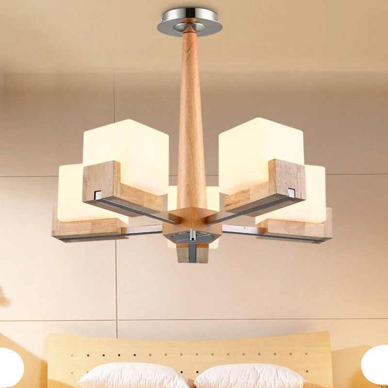 Kubieke Kroonluchter Verlichting Nordic Acryl 3/5/8-Head Houten Ketting-Hang/Inbouw Hanglamp voor Eetkamer Clearhalo