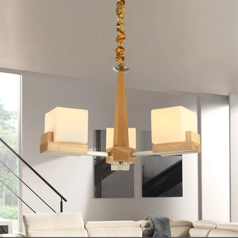 Kubieke Kroonluchter Verlichting Nordic Acryl 3/5/8-Head Houten Ketting-Hang/Inbouw Hanglamp voor Eetkamer Clearhalo