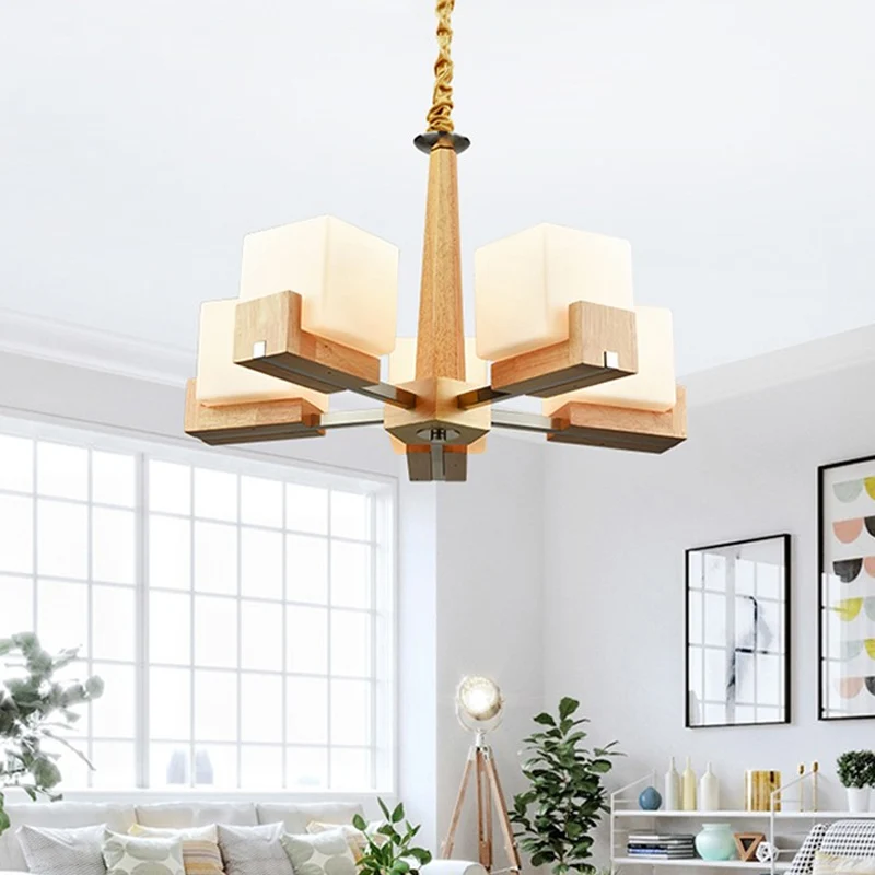 Kubieke Kroonluchter Verlichting Nordic Acryl 3/5/8-Head Houten Ketting-Hang/Inbouw Hanglamp voor Eetkamer Clearhalo