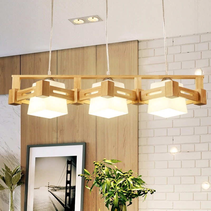 Kubusvormige eilandverlichting van melkmat glas, moderne beige hanglamp met 3 lampen en houten -line ruitkooi Clearhalo