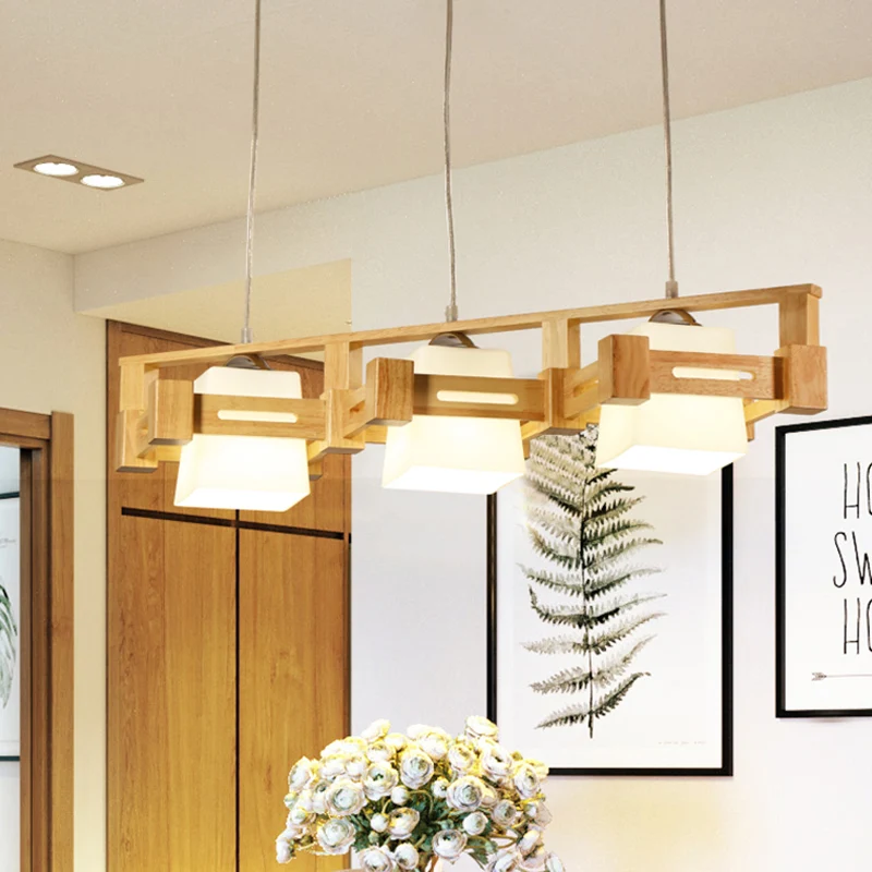 Kubusvormige eilandverlichting van melkmat glas, moderne beige hanglamp met 3 lampen en houten -line ruitkooi Clearhalo