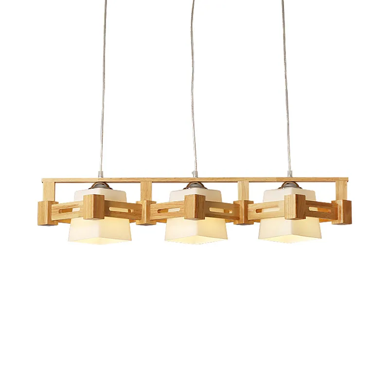 Kubusvormige eilandverlichting van melkmat glas, moderne beige hanglamp met 3 lampen en houten -line ruitkooi Clearhalo