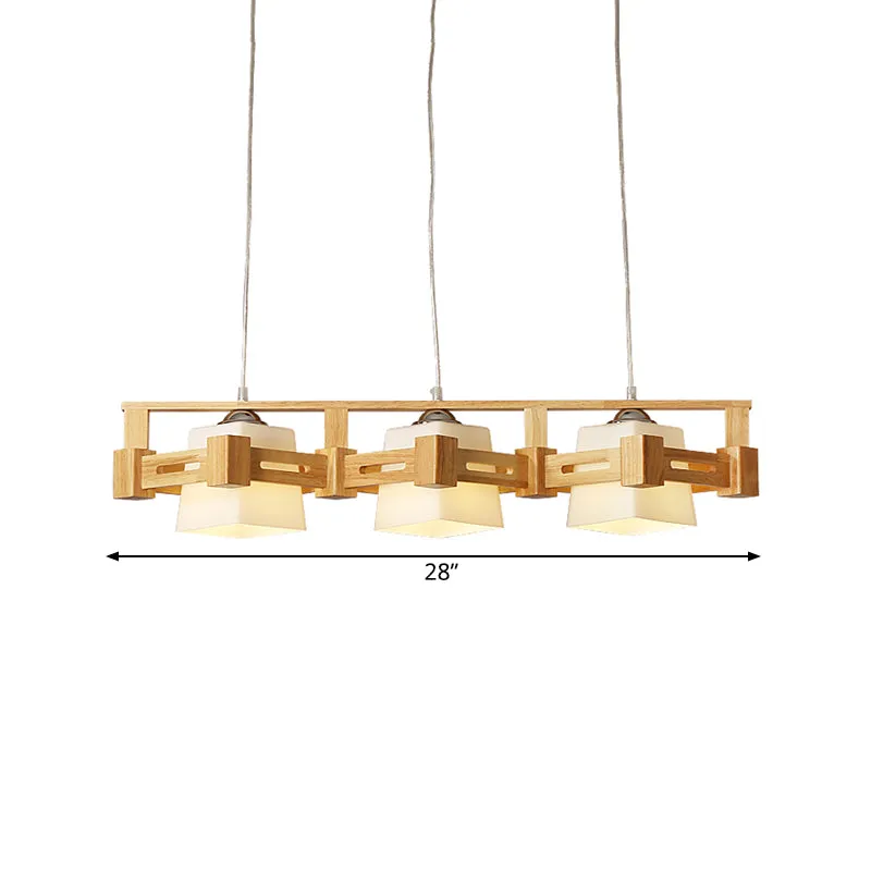 Kubusvormige eilandverlichting van melkmat glas, moderne beige hanglamp met 3 lampen en houten -line ruitkooi Clearhalo