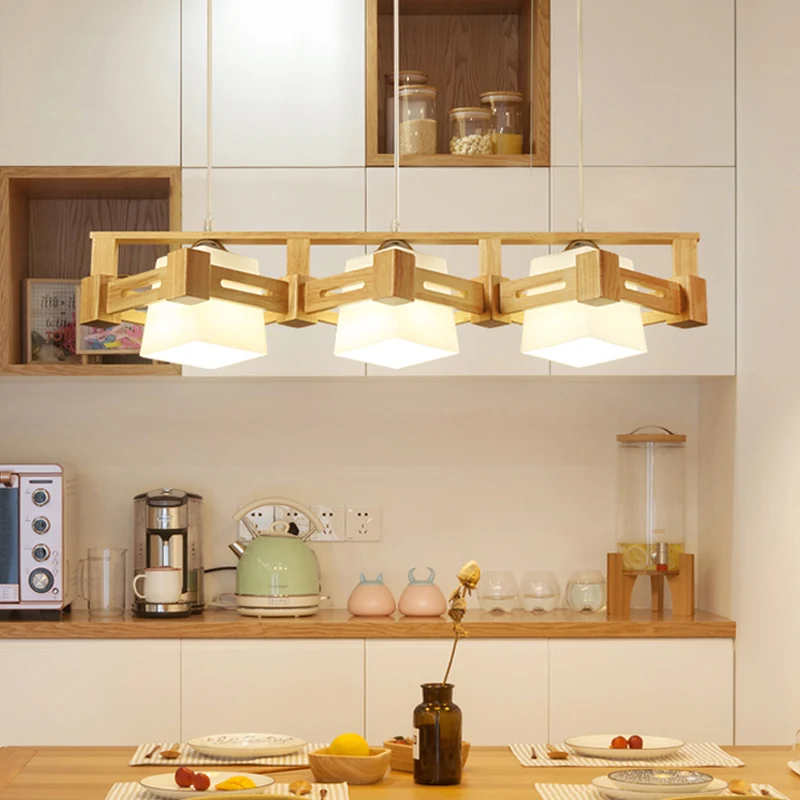 Kubusvormige eilandverlichting van melkmat glas, moderne beige hanglamp met 3 lampen en houten -line ruitkooi Clearhalo