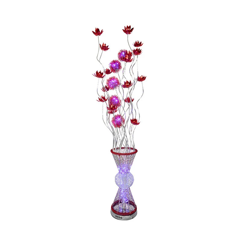 Kunstdecor zandloper vloerlamp LED aluminium staande lamp met gebogen stok en bloem rood Clearhalo