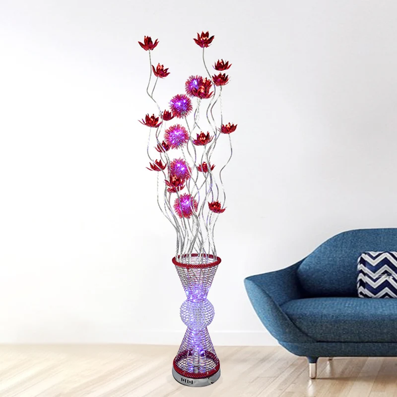 Kunstdecor zandloper vloerlamp LED aluminium staande lamp met gebogen stok en bloem rood Clearhalo